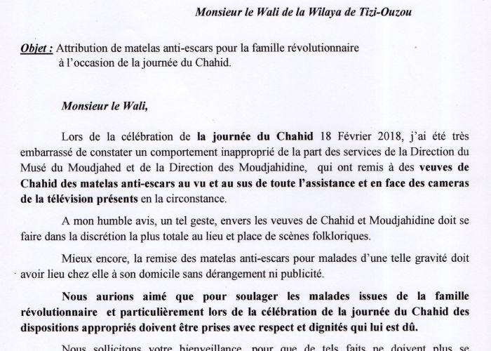 Remise des matelas anti-escarres aux veuves de Chahids à Tizi Ouzou:Le wali interpellé par un député