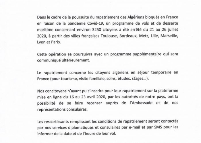  Rapatriement des algériens bloqués en France : les précisons de l’ambassade d’Algérie à Paris