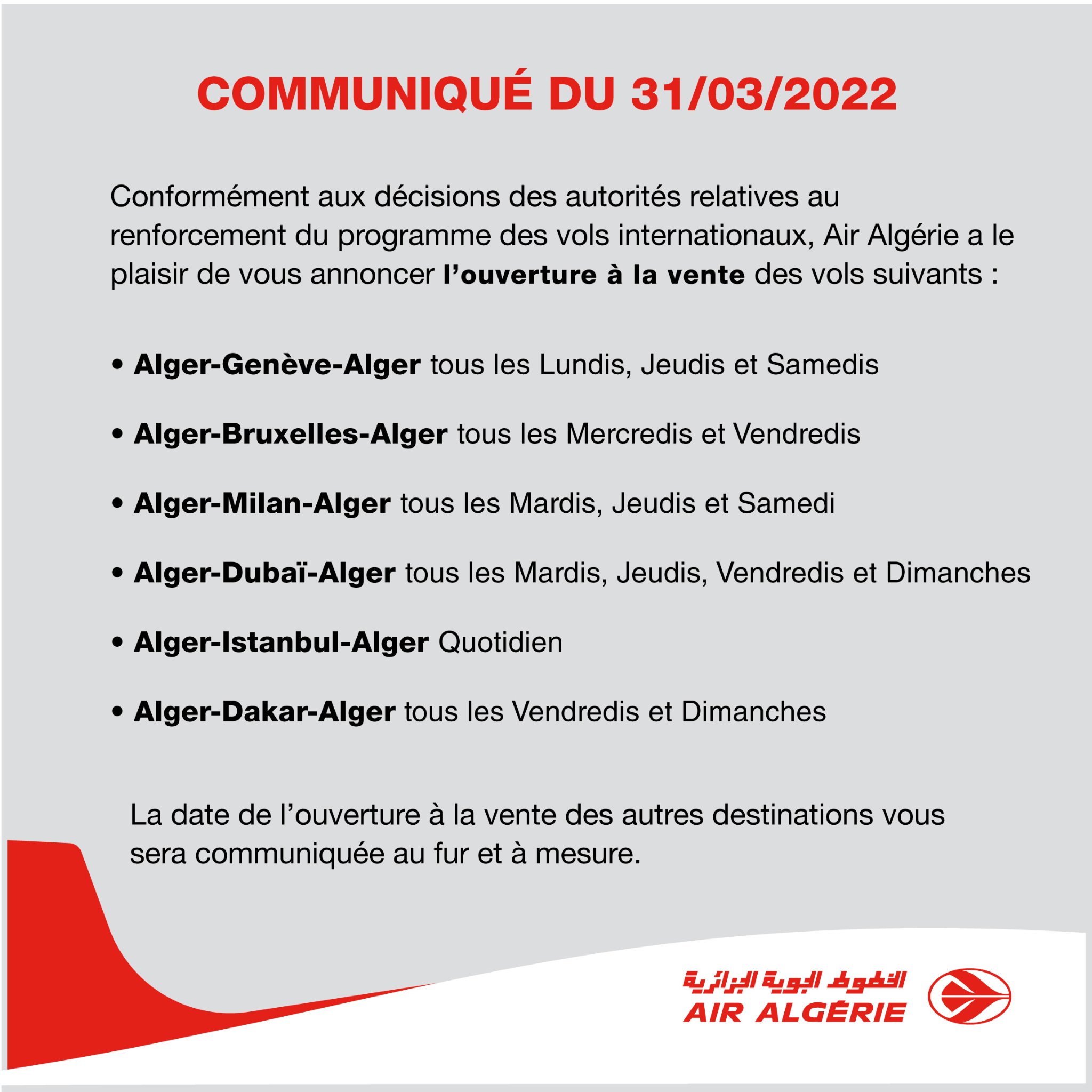 Air Algérie : Lancement de la vente des billets des vols supplémentaires de plusieurs destinations