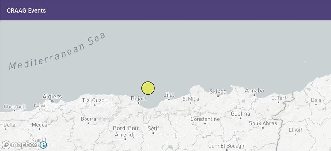 Secousse tellurique de 3.3 degrés en mer au Nord-est de Béjaïa